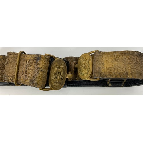 191 - VARIOUS MILITARY BELTS, SOME WITH EMBROIDERED/ BRAID DECORATION AND A POUCHES ( 2 BOXES)