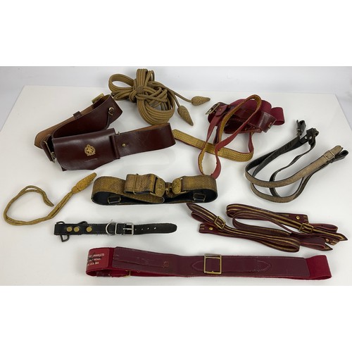 191 - VARIOUS MILITARY BELTS, SOME WITH EMBROIDERED/ BRAID DECORATION AND A POUCHES ( 2 BOXES)