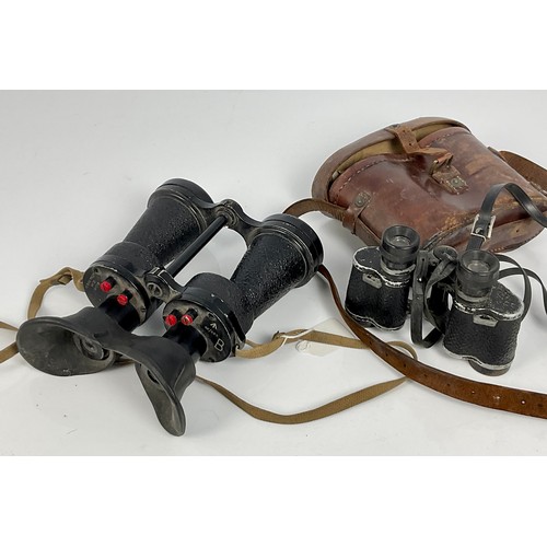 209 - 2 PAIRS MILITARY BINOCULARS, BINO PRISM MK IV No. 1208, POSSIBLY RAF WITH CROWS FOOT AND PR. POSSIBL... 