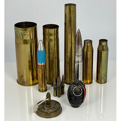 214 - TRENCH ART ASHTRAY, INERET MILLS GRENADE, SHELL CASES AND MISC. INERT AMUNITION