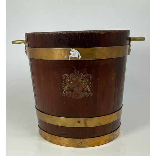 213 - BRASS BOUND COOPERED BUCKET BEARING MILITARY CREST