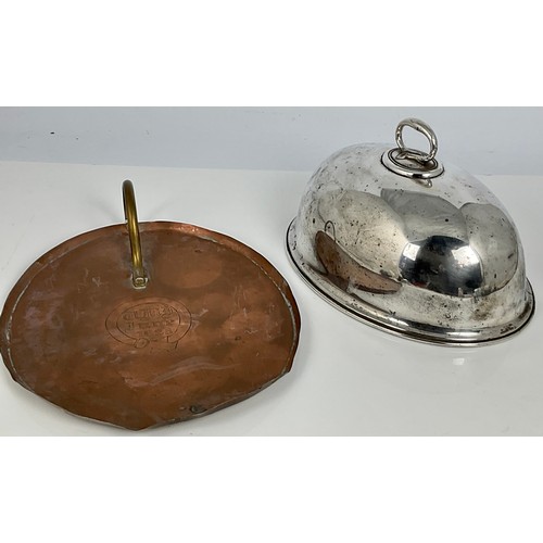 212 - PLATED MEAT DOME AND A COPPER LID INSCRIBED JUNE 1928