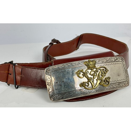 193 - MILITARY BELT WITH HALLMARKED SILVER FLAP POUCH BEARING VICTORIAN CIPHER