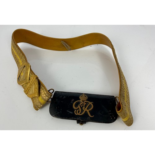 194 - CEREMONIAL MILITARY LEATHER BELT WITH GILT THREAD EMBROIDERED DECORATION AND LEATHER POUCH BEARING G... 