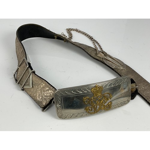 195 - MILITARY BELT SILVER EMBROIDERED DECORATION WITH FLAP POUCH, POSSIBLY SILVER, BEARING VICTORIAN CIPH... 