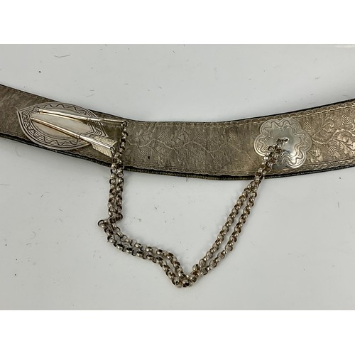 195 - MILITARY BELT SILVER EMBROIDERED DECORATION WITH FLAP POUCH, POSSIBLY SILVER, BEARING VICTORIAN CIPH... 