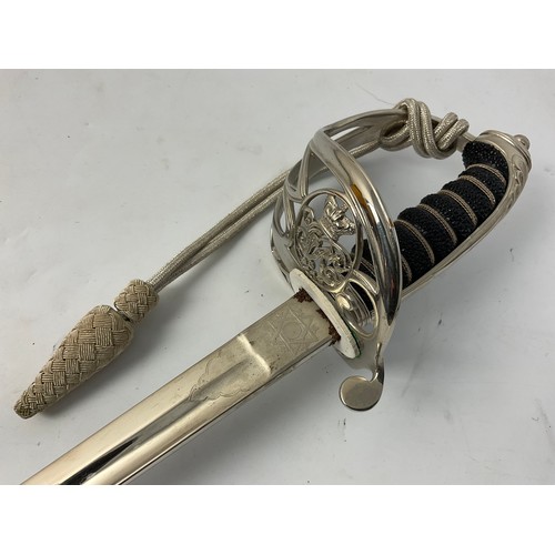 128 - HIGHLY POLISHED OFFICER’S DRESS SWORD, BASKET HILT WITH ROYAL CIPHER, WIRE BOUND FISH SKIN GRIP, ETC... 