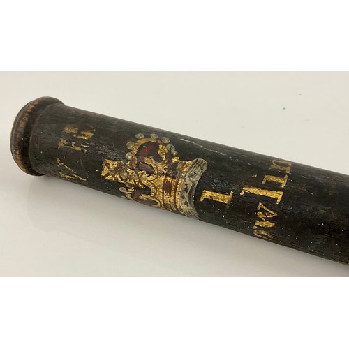 158 - PAINTED WOODEN TRUNCHEON, VICTORIAN CROWN, 1 BOWLING, WITH TURNED HANDLE,