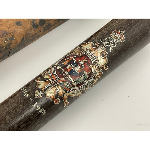 159 - TRUNCHEON PAINTED WITH COAT OF ARMS, DATED 1916-1919 AND A CARVED WOODEN TRUNCHEON WITH CROWN FINIAL... 