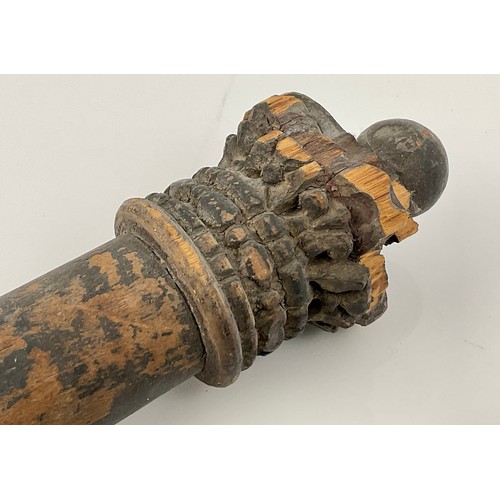 159 - TRUNCHEON PAINTED WITH COAT OF ARMS, DATED 1916-1919 AND A CARVED WOODEN TRUNCHEON WITH CROWN FINIAL... 