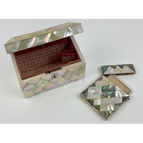 299 - MOTHER OF PEARL INLAID CARD CASE AND A MOTHER OF PEARL INLAID BOX WITH HINGED LID