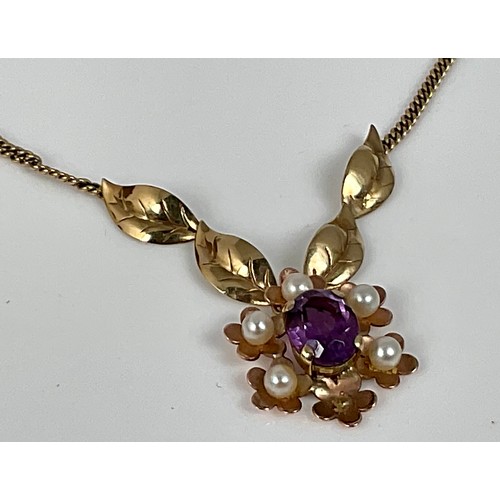 594 - 9CT GOLD AMETHYST AND PEARL PENDANT ON 9CT NECKLACE