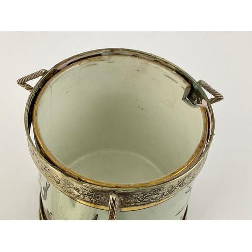 343 - SILVER PLATED PRESERVE JAR WITH IMPRESSED DOULTON MARK, DECORATED WITH IMAGE OF STORKS IN THE STYLE ... 