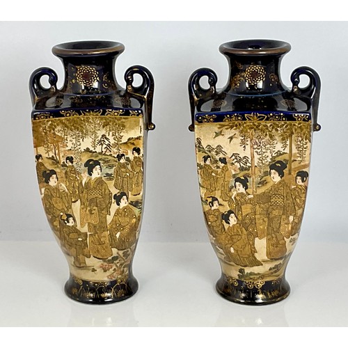 97 - A PAIR OF SQUARE TOPPER, TAPERED ORIENTAL STYLE VASES, WITH GEISHA DECOTATION