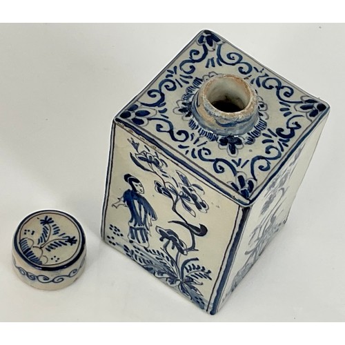 91 - SQUARE SECTION CHINESE PORCELAIN TEA CADDY WITH COVER, BLUE AND WHITE DECORATION DEPICTING EXOTIC BI... 