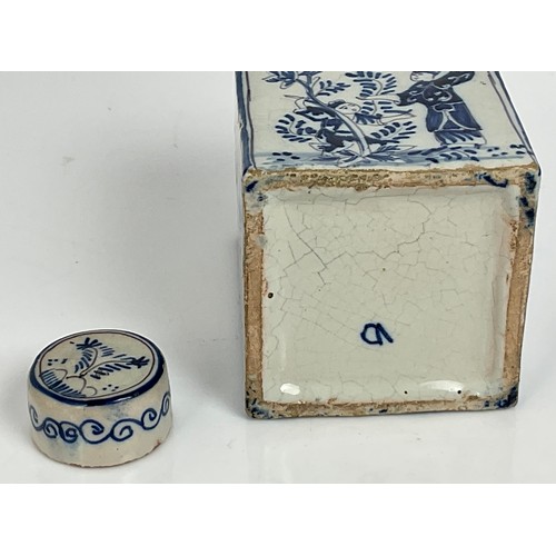 91 - SQUARE SECTION CHINESE PORCELAIN TEA CADDY WITH COVER, BLUE AND WHITE DECORATION DEPICTING EXOTIC BI... 