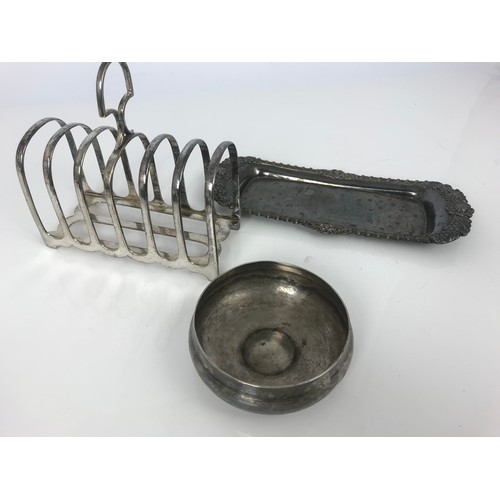 341 - DANISH DISH, CIGARETTE BOX DATED 1934, SILVER PLATED TOAST RACK,  PEN TRAY & DISH