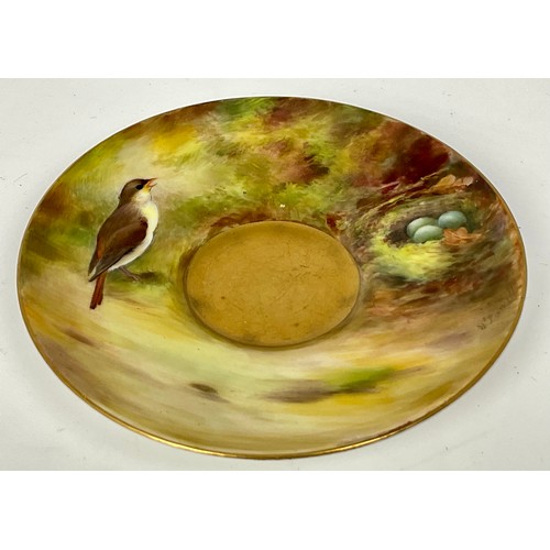 45 - ROYAL WORCESTER HAND PAINTED COFFEE CUP AND SAUCER DEPICTING NIGHTINGALE AND NEST BY WILLIAM POWELL