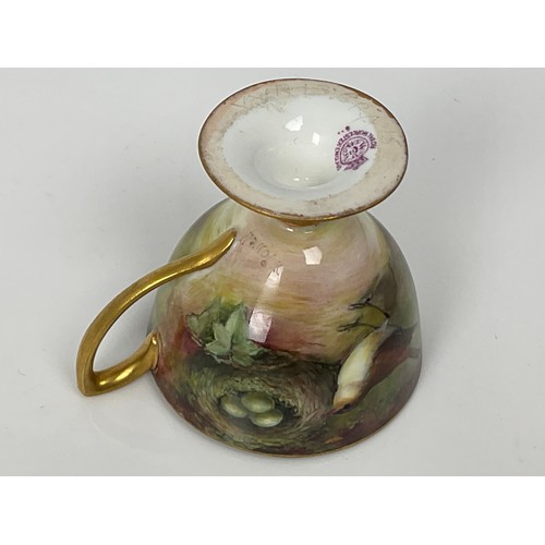 45 - ROYAL WORCESTER HAND PAINTED COFFEE CUP AND SAUCER DEPICTING NIGHTINGALE AND NEST BY WILLIAM POWELL