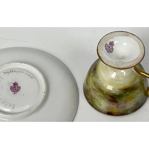 45 - ROYAL WORCESTER HAND PAINTED COFFEE CUP AND SAUCER DEPICTING NIGHTINGALE AND NEST BY WILLIAM POWELL