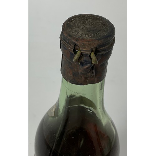 28 - BOTTLE OF MARTELL COGNAC THREE STAR BRANDY, SPRING CAP BLUE LABEL, PROBABLY 1950'S, OLD BLUE INKED L... 