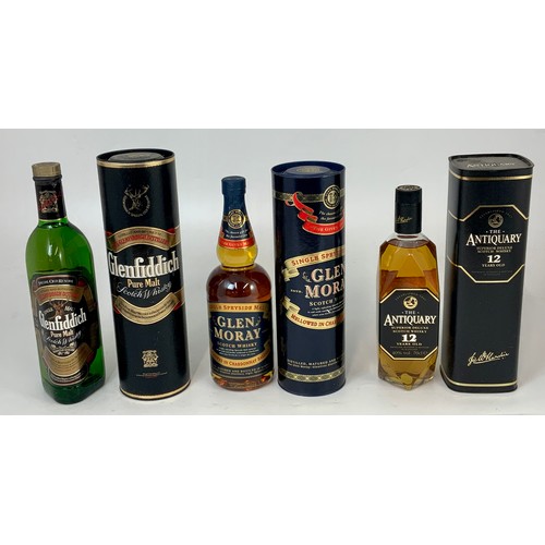 22 - 3 BOXED SCOTTISH MALT WHISKIES, THE ANTIQUARY, GLENFIDDICH AND GLEN MORAY