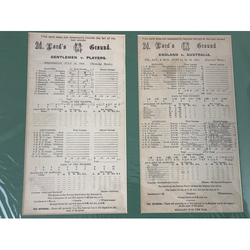 213 - CRICKET INTEREST TWO CRICKET SCORE CARDS ENGLAND V AUSTRALIA LORDS 1934, INC HAMMOND, BRADMAN & O’RE... 