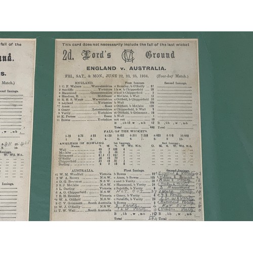 213 - CRICKET INTEREST TWO CRICKET SCORE CARDS ENGLAND V AUSTRALIA LORDS 1934, INC HAMMOND, BRADMAN & O’RE... 