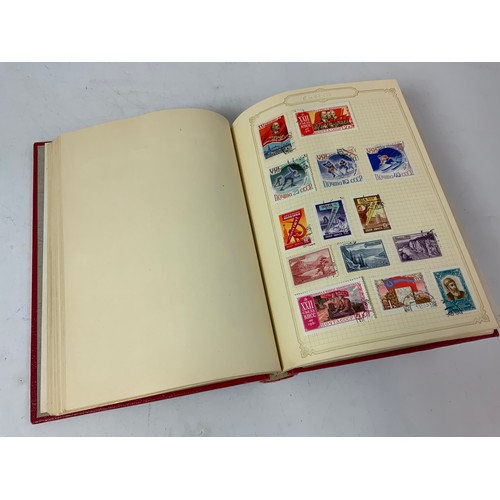 374 - SMALL RED STAMP ALBUM WITH GB & COMMONWEATH SELECTION FOR PICKINGS