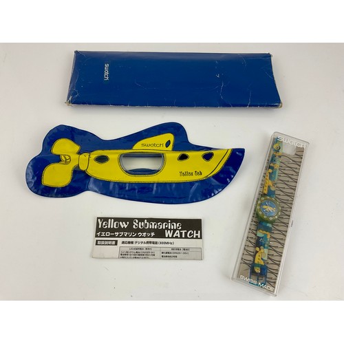 171 - RARE SWATCH BEATLES YELLOW SUBMARINE WRIST WATCH, ORIGINAL BOX, INFLATABLE SUBMARINE, PAPERWORK AND ... 