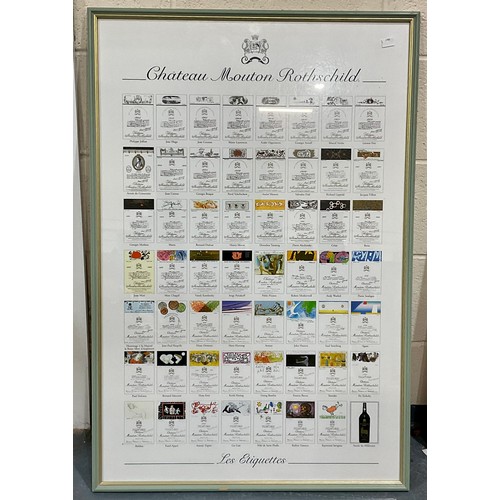 107 - CHATEAU MOUTON ROTHSCHILD, A COLLECTION OF WELL FRAMED, ICONIC, WINE LABEL PRINTS AND A PRINT DEPICT... 