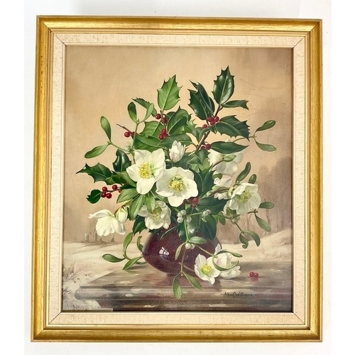 6 - OIL ON CANVAS STILL LIFE FLOWERS AND HOLLY WITH SIGNATURE ALBERT WILLIAMS, approx. 35.5 x 40.5 cm