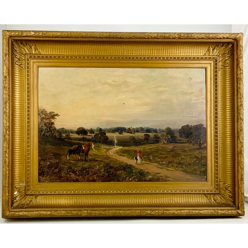 9 - 19th CENTURY ENGLISH SCHOOL OIL ON CANVAS DEPICTING A RURAL SCENE WITH FIGURES AND HORSES, HEAVY ORN... 