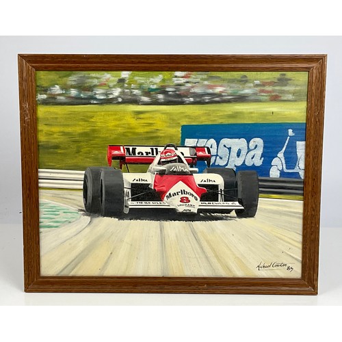 16 - OIL ON CANVAS MOTOR RACING INTEREST MARLBOROUGH MCLAREN NIKKI LAUDA BY MICHAEL COWTAN, APPROX 18 INC... 