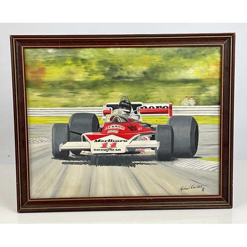 17 - OIL ON BOARD, MOTOR RACING INTEREST, MARLBOROUGH MCLAREN JAMES HUNT, OIL ON BOARD APPROX 18 INCHES X... 