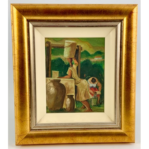 19 - OIL ON BOARD DEPICTING WASHER WOMEN AT THE WELL, INDISTINCTLY SIGNED, APPROX. 20 X 25 cm