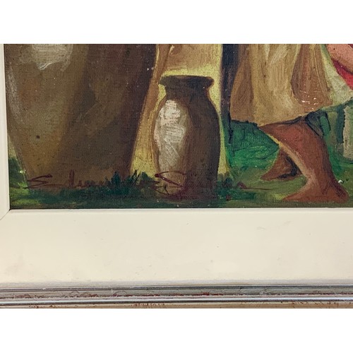 19 - OIL ON BOARD DEPICTING WASHER WOMEN AT THE WELL, INDISTINCTLY SIGNED, APPROX. 20 X 25 cm