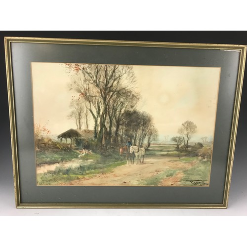 22 - HENRY CHARLES FOX  RBA  (1855 - 1929 FARMER RIDING & LEADING  50CM X 34CM IN GILT FRME WATERCOLOUR D... 