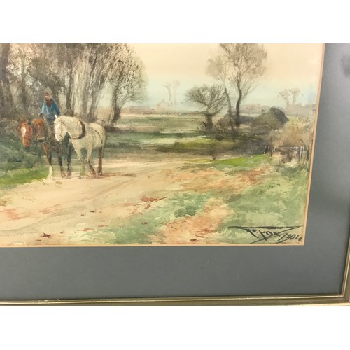 22 - HENRY CHARLES FOX  RBA  (1855 - 1929 FARMER RIDING & LEADING  50CM X 34CM IN GILT FRME WATERCOLOUR D... 