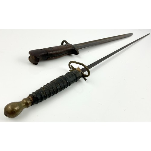 135 - 1907 BAYONET AND A SWORD WITH BOUND LEATHER HANDLE AND RECTANGULAR SECTION BLADE, APPROX. 63 cm