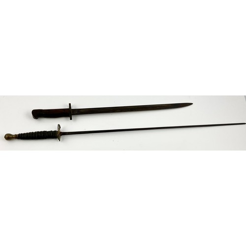 135 - 1907 BAYONET AND A SWORD WITH BOUND LEATHER HANDLE AND RECTANGULAR SECTION BLADE, APPROX. 63 cm