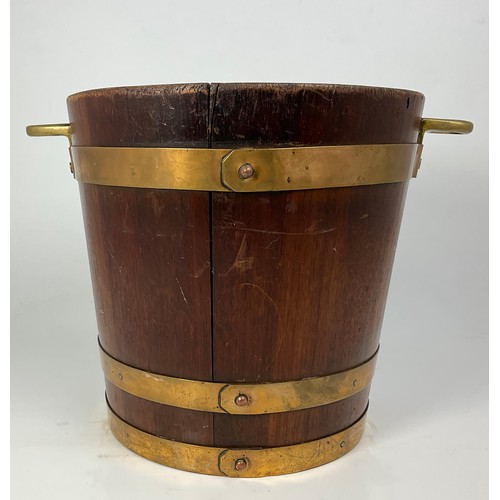 213 - BRASS BOUND COOPERED BUCKET BEARING MILITARY CREST