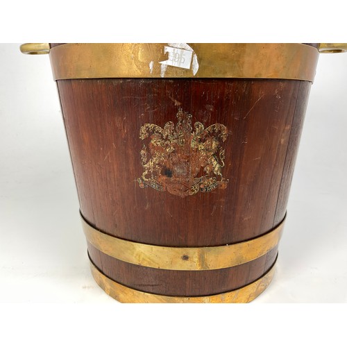 213 - BRASS BOUND COOPERED BUCKET BEARING MILITARY CREST