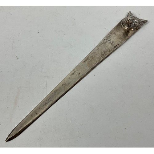 409 - GOOD QUALITY SILVER PAPER KNIFE WITH CAST FOX HEAD, APPROX. 47.6g