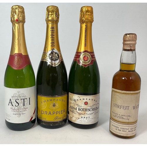 71 - MISC. ALCOHOL INC. ROTHSCHILD AND DRAPPIER CHAMPAGNE, ONE BOTTLE ASTI AND A SURFEIT WATERS