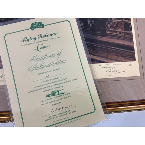 291 - FRAMED RAILWAY PRINT FLYING SCOTSMAN BY TERENCE CUNEO, 57/850. SIGNED BY ARTIST, ALSO SIR BILL MCALP... 