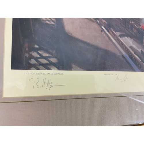 291 - FRAMED RAILWAY PRINT FLYING SCOTSMAN BY TERENCE CUNEO, 57/850. SIGNED BY ARTIST, ALSO SIR BILL MCALP... 