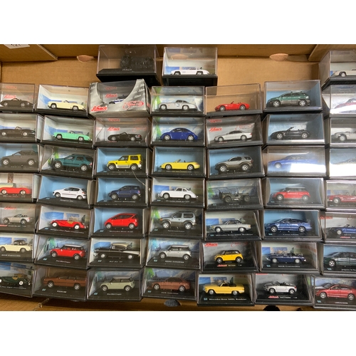 121 - 52 PLASTIC BOXED, SCHOCO & SIMILAR DIE CAST CAR MODELS, MOSTLY H0 SCALE 1:87