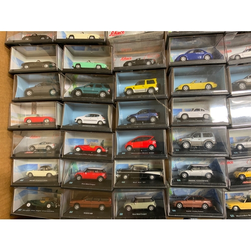 121 - 52 PLASTIC BOXED, SCHOCO & SIMILAR DIE CAST CAR MODELS, MOSTLY H0 SCALE 1:87