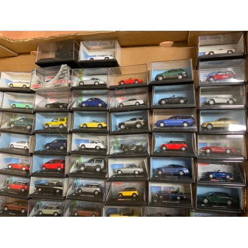 121 - 52 PLASTIC BOXED, SCHOCO & SIMILAR DIE CAST CAR MODELS, MOSTLY H0 SCALE 1:87